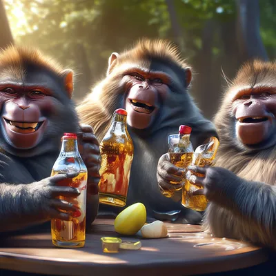 Три Бабуина алкаши, пьют водку и …» — создано в Шедевруме