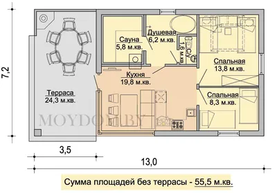 Проект гостевого дома бани из бруса AS-2121 с большой террасой