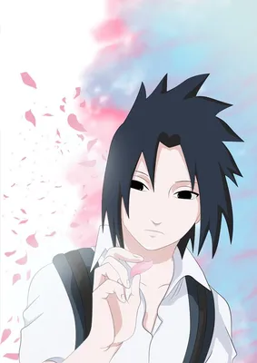 Фото Sasuke Uchiha / Учиха Саске из аниме Наруто / Naruto с лепесками  сакуры на фоне неба