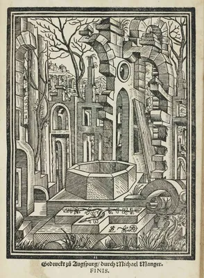 Geometria (Geometrie); die sieben liberalen Künste. Geometria, eine Frau  mit einem Stadtromer auf dem Kopf, misst den Abstand zwischen zwei Punkten  mit einem Passanten auf einem Globus. Zwei Männer schauen mit ihr.