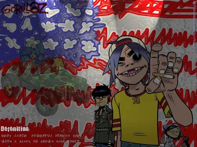 Картинка на рабочий стол гориллаз, музыка, флаг, murdoc, noodle, gorillaz,  фон, группа 1280 x 720