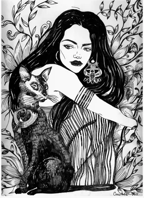 Мистическая иллюстрация. Девушка едет на черном коте. Черно-белая графика.  Stock-Illustration | Adobe Stock