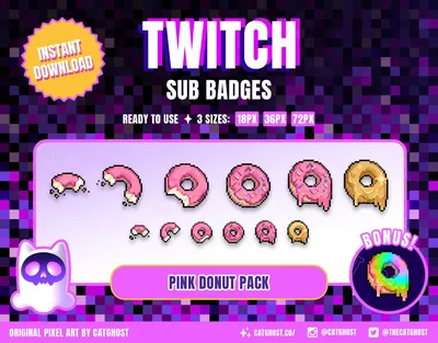 PIXEL Pink Frosted Donut Sub Badges for Twitch / Strawberry Sprinkles /  Discord Emotes / 6 Designs BONUS Rainbow / 18px 36px 72px - Etsy | Badge,  Sprinkle donut, Pink donuts