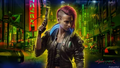 Обои на рабочий стол Девушка V Cyberpunk / Киберпанк с пистолетом в руке,  арт к игре Cyberpunk 2077, обои для рабочего стола, скачать обои, обои  бесплатно