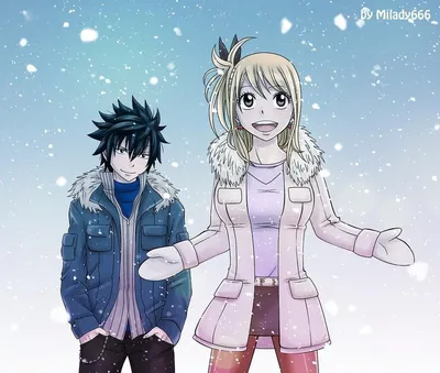 Обои на рабочий стол Люси / Lucy и Грей Фулбастер / Gray Fullbuster лежат  на осенних листьях герои из аниме Сказка о хвосте феи / Fairy Tail, обои  для рабочего стола, скачать