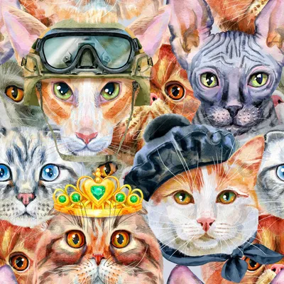 Набор портретов кошек разных пород с аксессуарами. Акварельная иллюстрация,  нарисованная от руки - Ozero - российский фотосток