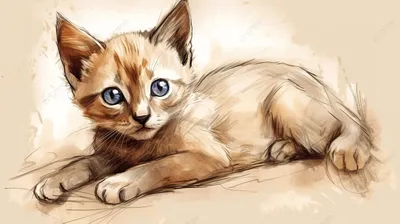 нарисованная иллюстрация лежащего котенка с голубыми глазами, нарисованные  картинки кошек, кошка, мультфильм фон картинки и Фото для бесплатной  загрузки