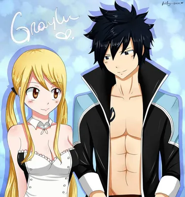 Обои на рабочий стол Люси / Lucy и Грей Фулбастер / Gray Fullbuster лежат  на осенних листьях герои из аниме Сказка о хвосте феи / Fairy Tail, обои  для рабочего стола, скачать