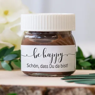 Gastgeschenk Mini Nutella Glas + Aufkleber \"be happy\"