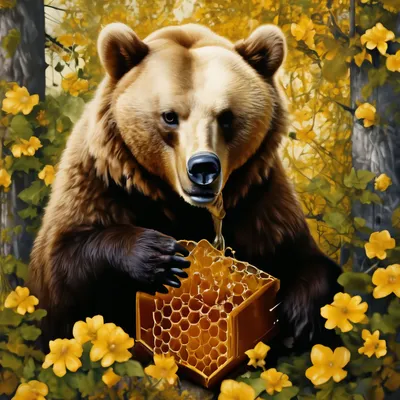 Медведь ест мёд из сот, кусты, …» — создано в Шедевруме