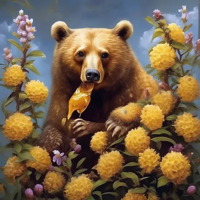 Медведь ест мёд из сот, кусты, …» — создано в Шедевруме