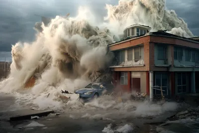 Приливная волна цунами, обрушившаяся на город стоковое фото ©ratpack2  325586152