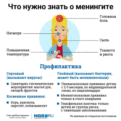 Симптомы менингита, медицинская инфографика. Информационный плакат с  текстом и символами. Плоский векторный рисунок. Изолированные на белом.  Векторное изображение ©goodstocker.yandex.ru 484130320