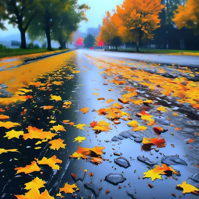 Осень дождь листья асфальт» — создано в Шедевруме