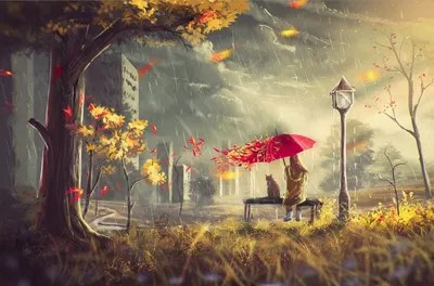 осень улица девушка ветер листья зонт кот дом дерево дождь тучи HD обои для  ноутбука | Lettre calligraphie, Novembre