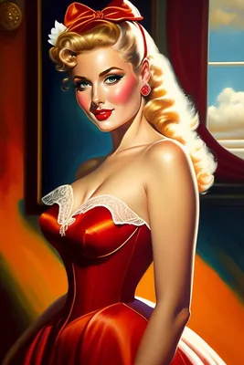 Wandbild „Pin Up - Lady im roten Kleid“ von Al Buell | Posterlounge.de