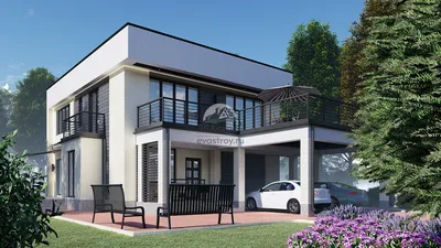 Проект одноэтажного дома Рощино 8 площадью 218,88 кв.м с террасой барбекю и  навесом для двух авто, цена строительства под ключ