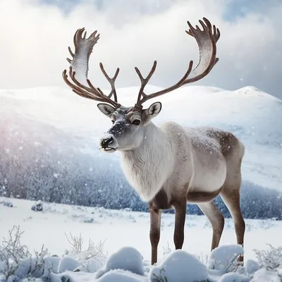 Северный олень с большими рогами крупным планом на фоне природы и снега |  Премиум Фото